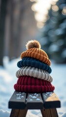 Obraz premium A stack of colorful knitted winter hats sits on a bench in a snowy forest during winter.