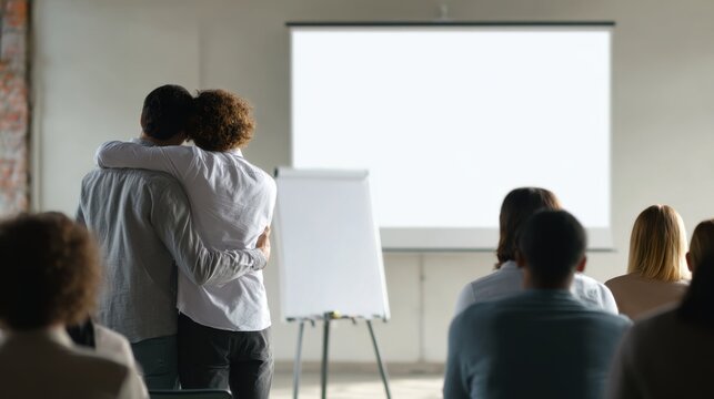 Embrace at business presentation in modern office setting for teamwork and collaboration concepts