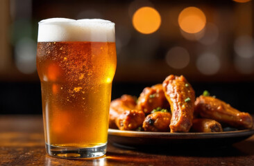 Beer glass with chicken wings on plate. Traditional pub snack and lager.