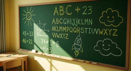 Classroom board with abc, maths sums, rocket and clouds illustrations with school atmosphere