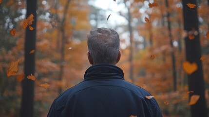 Serene Autumn Walk in a Forest with Orange Leaves Falling Gently