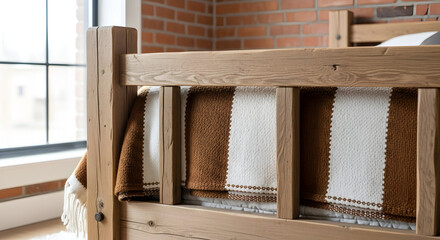 Close Up Of Handmade Bed Frame With Unique Textile And Natural Lighting Shining Through