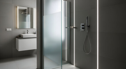 Contemporary Bathroom Interior Design Showcasing Modern Shower, And Illuminated Wall Details