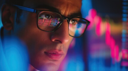 young indian business man trader wearing glasses looking at computer screen with trading charts reflecting in eyeglasses watching stock trading market financial data growth concept close up no logos 