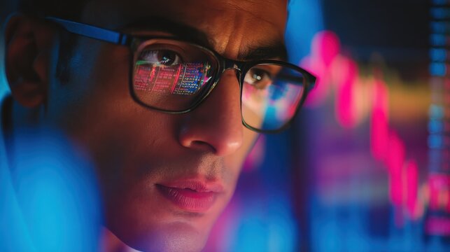 young indian business man trader wearing glasses looking at computer screen with trading charts reflecting in eyeglasses watching stock trading market financial data growth concept close up no logos