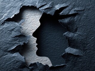 Silhouette of depressed and anxiety person head. Negative emotion image. Person head shaped paper on black torn paper background.