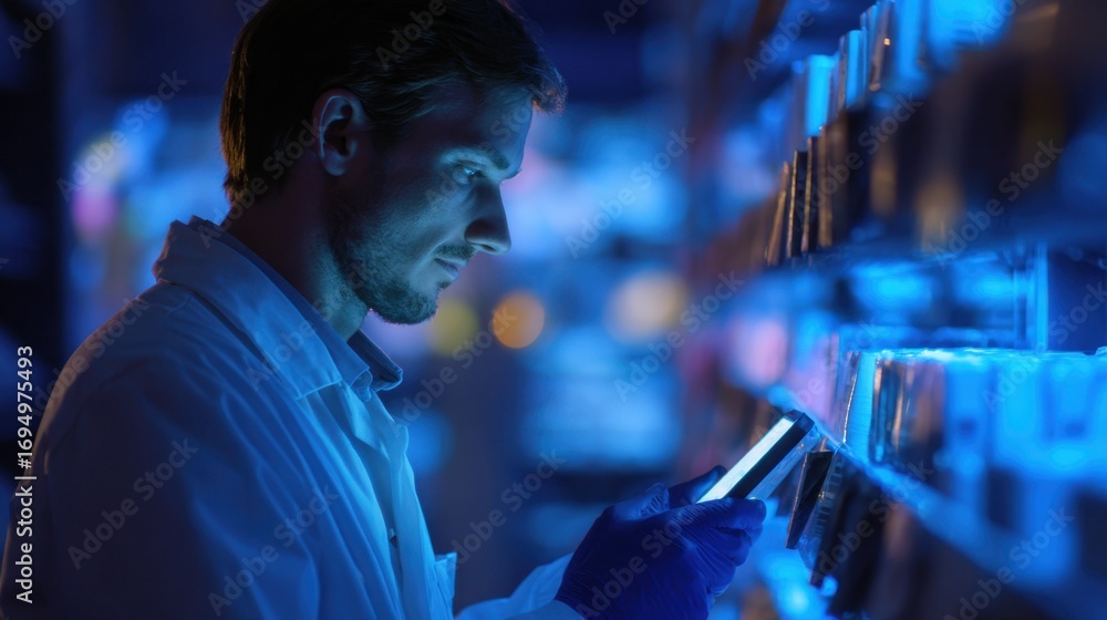 Poster Medium shot of a technician using UV light to reveal hidden security features on product packaging with the background softly blurred for emphasis.