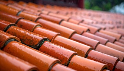 Close-up view of rain-soaked terracotta roof tiles, showcasing their intricate design and rich orange hues.