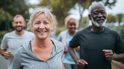 healthy group of mature people jogging on track at park happy senior couple running at park with african friends multiethnic middle aged friends exercising together outdoor no logos no brands ar 169