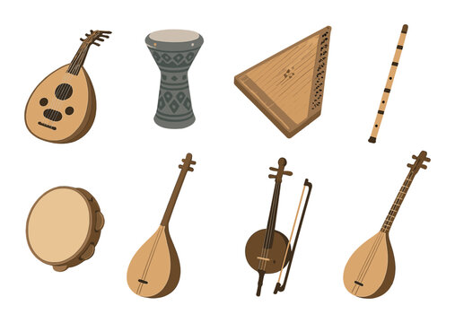 Traditional middle eastern musical instruments collection on brown background