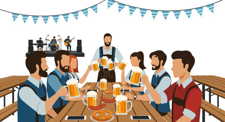 Group of people celebrating Oktoberfest with beer, pretzels, and music at a long table.