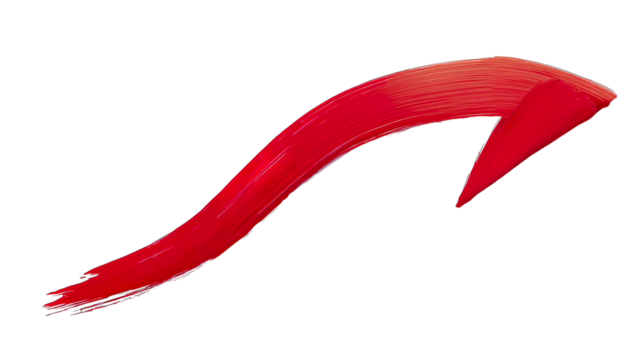 Vibrant Red Paint Brush Stroke Forming a Dynamic Upward curving Arrow with Textured Finish, Isolated, Transparent Png Cutout for Graphic Design