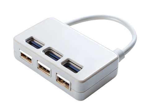White multi port usb hub with blue and gold connectors isolated on a transparent background image