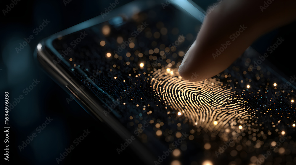 Poster cybersecurity of personal data safety, mobile smartpone using biometric fingerprint and two-factor a