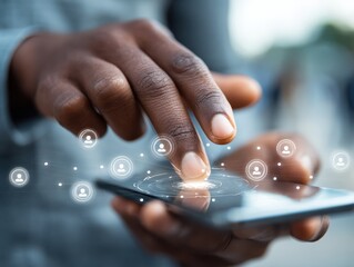 Social media app and networking concept.Closeup of male hands touching smartphone screen for sending message.