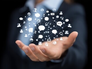 Social media marketing. Businessperson holding network structure and speech balloon icons.