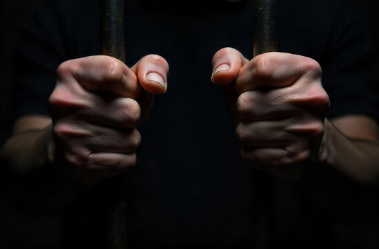Hands of prisoner on jail bars. Inmate locked in prison. Criminal behind bars.