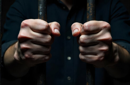 Hands of prisoner holding bars. Jail inmate locked up. Criminal behind prison cell.