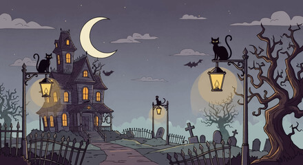 Haunted house at night, spooky graveyard, Halloween scene with black cats.