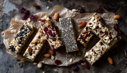 A rustic arrangement of nut, seed, and fruit bars on crumpled parchment paper. The cozy display highlights an assortment of healthy, homemade bars perfect for nutritious snacking