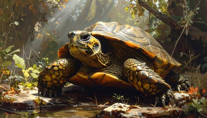 Naklejka premium A magnificent tortoise, adorned with golden and brown scales, rests peacefully in a sunlit forest clearing, surrounded by vibrant foliage.