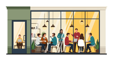 Illustration depicts a coffee shop interior with people socializing, working, and enjoying beverages.