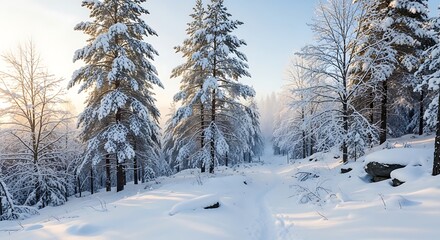 Fototapeta premium Snowy forest path with winter sunrise.