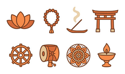 Buddhist symbols: lotus, prayer beads, incense, torii gate, dharma wheel