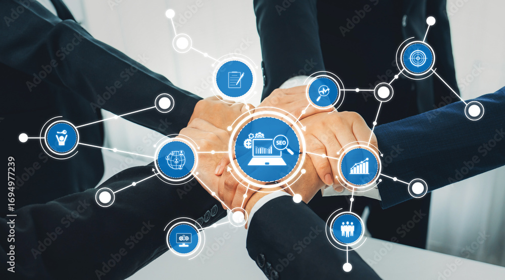 Poster a dynamic image showcasing teamwork and digital strategy through intertwined hands and interconnecte