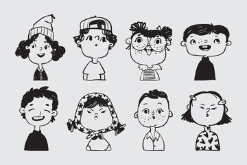 Children's emotion expression bundle set. Hand drawn, doodle illustration in black and white, ink style. Vector illustration.
