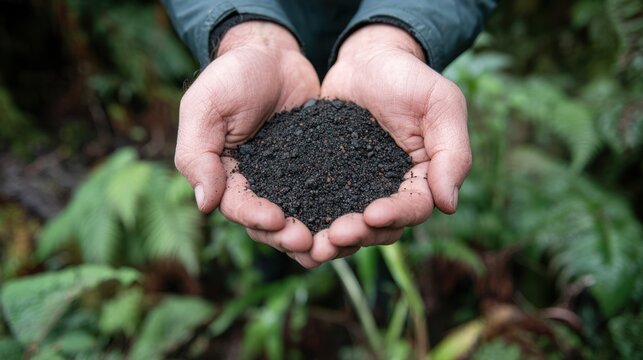 Hands holding a mixture of biochar powder and soil amendments illustrating ecofriendly gardening methods and nutrientrich soil restoration with blurred natural backdrop.