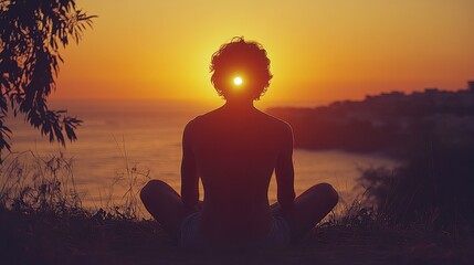 Serene Silhouette of a Person Meditating at Sunset by the Ocean