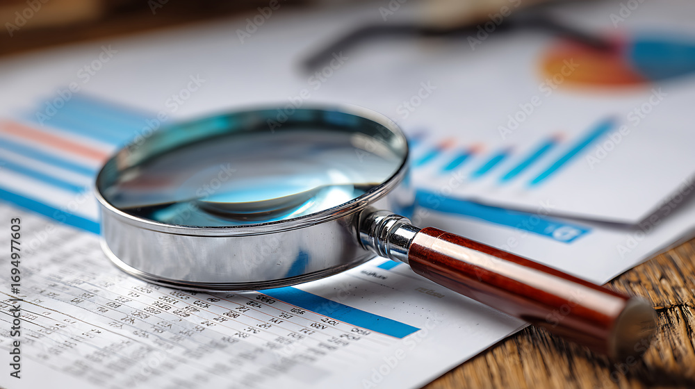 Aufkleber magnifying glass with documents analytics data selective focus lying on table professional business 