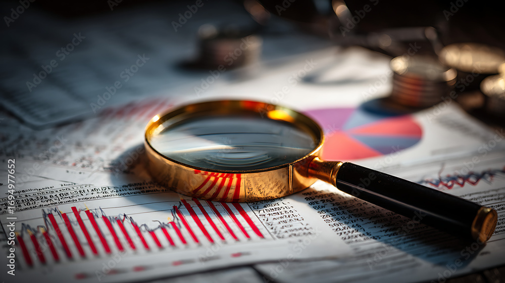 Poster magnifying glass with documents analytics data selective focus lying on table professional business 