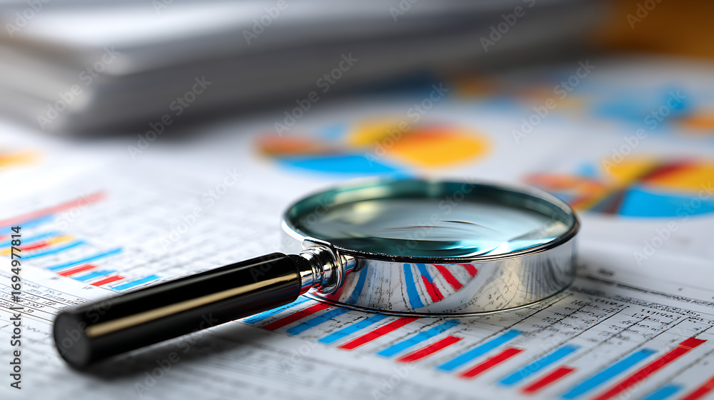 Aufkleber magnifying glass with documents analytics data selective focus lying on table professional business 