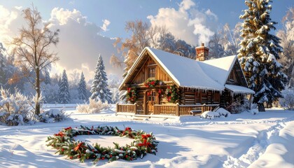 A charming log cabin, nestled in a snowy winter landscape, adorned with festive Christmas decorations.