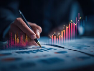 Stock market analytics and business growth, professional reviewing financial reports, investment performance, and rising stock charts, representing business strategy and wealth management.