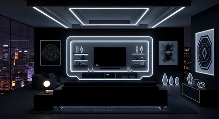 Fototapeta premium Contemporary Interior Design Illuminated With Ambient Neon Lighting Showing Nighttime Cityscape View