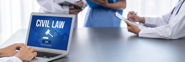 Civil law brisk information showing on computer screen for Common Justice Legal Regulation Rights...