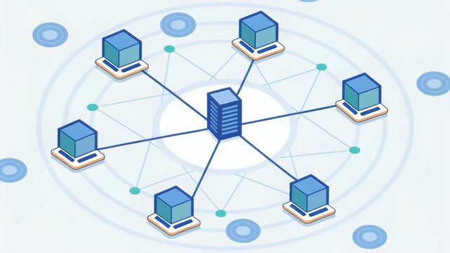 Blockchain Digital Ledger Network Illustration Featuring Interconnected Nodes, Central Server, Secure Data System, Distributed Computing