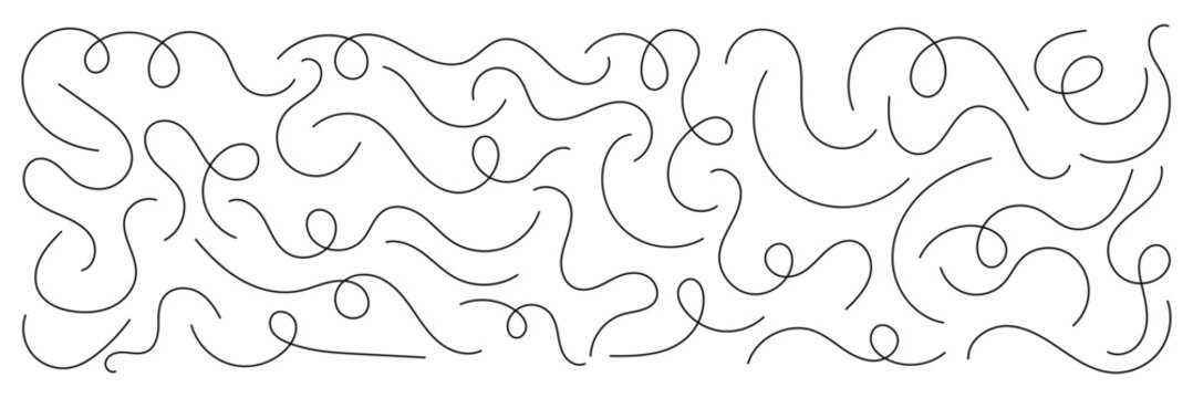 Hand drawn wavy squiggle line. Abstract looping curved line set. Decorative curly abstract pattern. Collection of curved lines collections. 