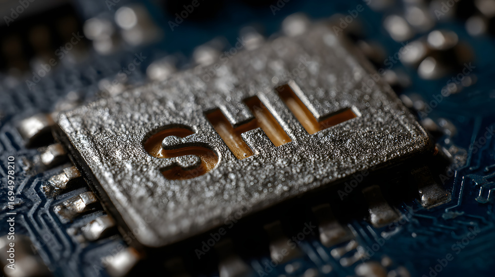 Aufkleber https sign and a lock on a blue circuit board backgrund, seo term for a safe ecrypted connection on 