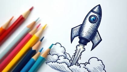 Hand drawn rocket sketch ascends from clouds, suggesting startup idea, business innovation. Colorful pencils lay nearby, creativity, potential for success. Illustration evokes ambition, vision,