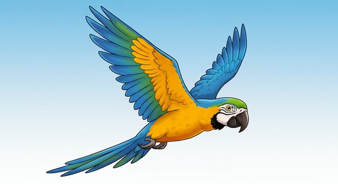 Colorful macaw parrot in flight against gradient blue sky background vector illustration