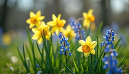 Obraz premium Close-up of vibrant yellow daffodils, bluebells blooming in green spring grass. Sunny daylight illuminates meadow, nature growth, beauty of new life. Horizontal composition, fresh flora.