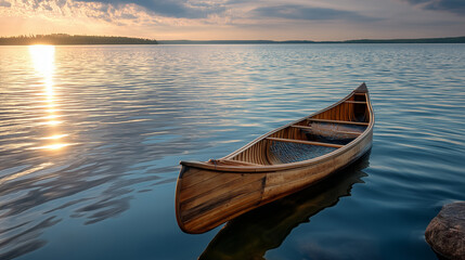 A canoe floats on water, the serene scene illuminated by gentle light. Canoe, sunset, with copy space