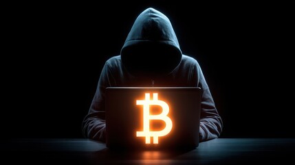 hacker with laptop and bitcoin sign cryptocurrency and hacking concept double exposure no logos no brands ar 169
