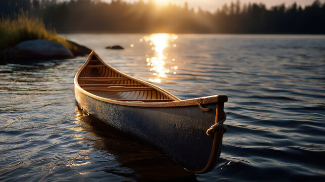 A canoe floats on water, the serene scene illuminated by gentle light. Canoe, sunset, with copy space