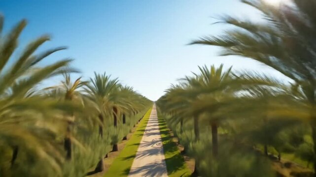 Enjoy a tranquil stroll through a lush date palm grove under the bright sunshine. 4k video