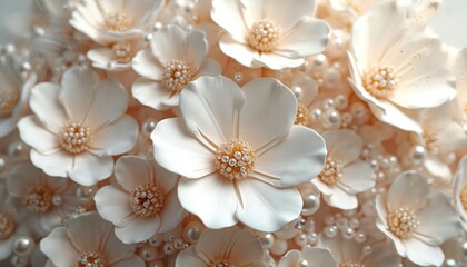 Elegant 3D floral design featuring delicate white flowers adorned with pearls, crystals. Soft beige, cream hues create luxurious, romantic texture, perfect for wedding decor, invitations,